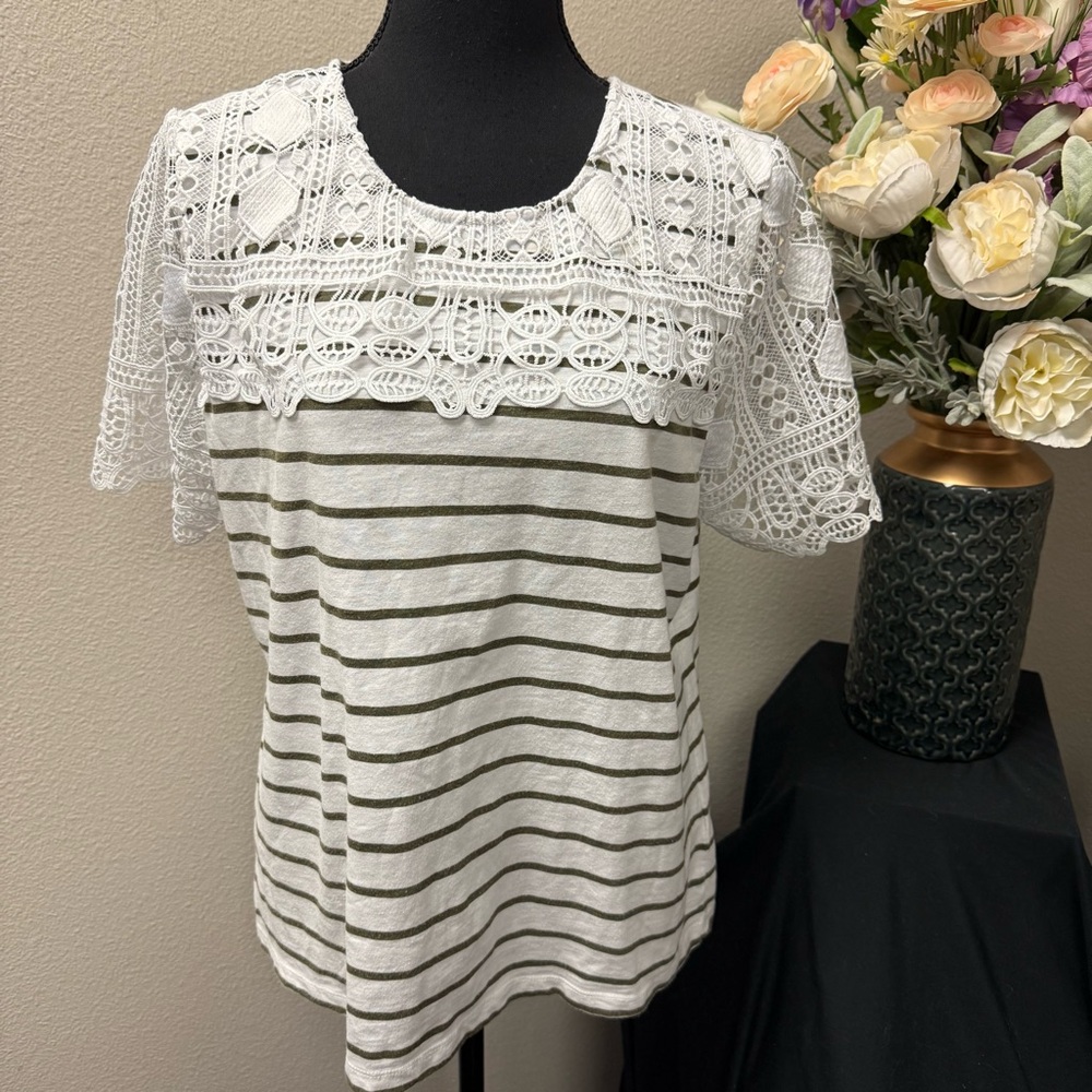 Allison Daley Striped Crochet Lace Yoke Short Sleeve Blouse Top XL White Tan